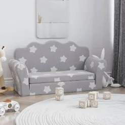 vidaXL Bäddsoffa för barn 2-sits ljusgrå med stjärnor mjuk plysch