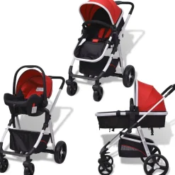 vidaXL 3-i-1 Barnvagn aluminium röd och svart