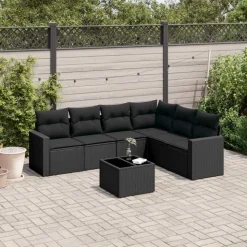 vidaXL Soffgrupp för trädgården med dynor 7 delar svart konstrotting